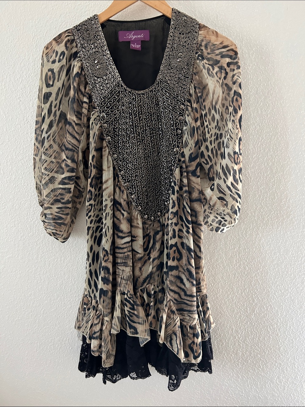 Angel Animal-Print Mini Dress with Beaded V-Neck - Beige